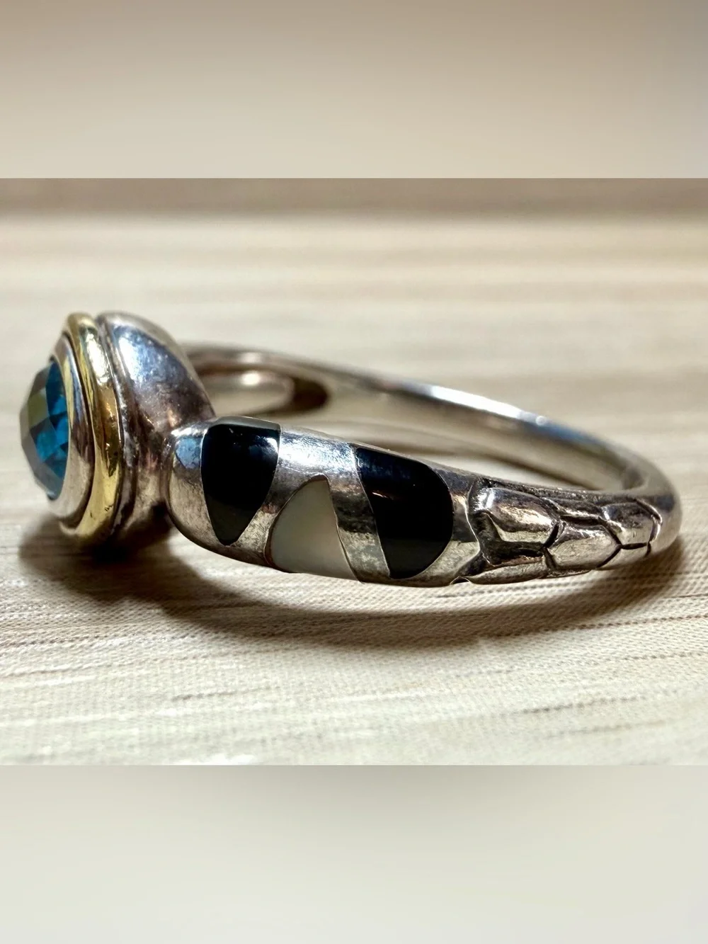 Vintage Modernist Asch Grossbardt Sterling Silver & 18K Gold Blue Topaz Ring